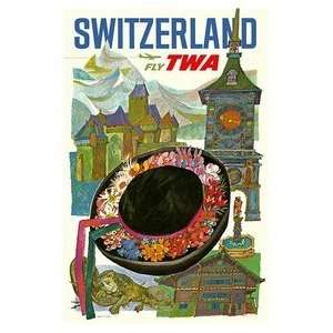  World Travel Poster Switzerland Fly TWA 12 inch by 18 inch 