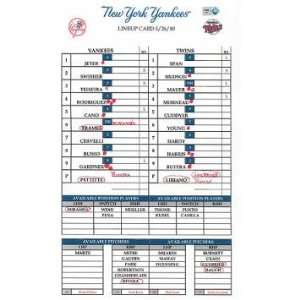  Yankees at Twins 5 26 2010 Game Used Lineup Card (MLB Auth 