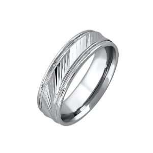 Sterling Silver 6.5mm Diamond Cut Center & Millgrain Trim Wedding Band 