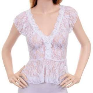  White Feminine Lace Low V Cut Blouse Top: Clothing