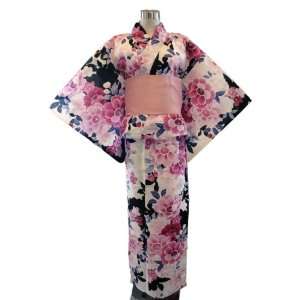  Kimono Yukata White with Pink, Purple & Black Peony 