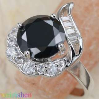 9mm Black Sapphire Silver Jewelry Gemstones Rings Size7.75 J0508 