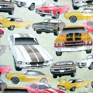  45 Wide Pure Muscle Automobiles Green Fabric By The Yard 