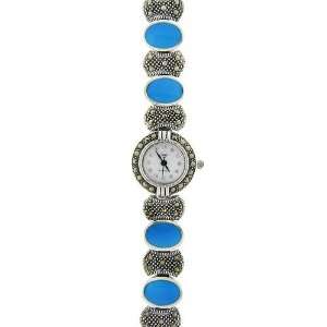    Sterling Silver Marcasite Simulated Turquoise Oval Watch: Jewelry