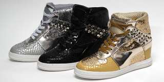 Womens Gold Shiny Stud High Top Sneakers Wedge Heel Shoes US 6~8 