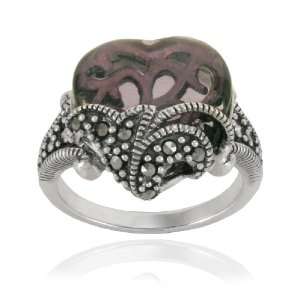Sterling Silver Marcasite and Amethyst Colored Glass Heart Ring, Size 