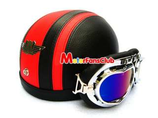 Motorcycle Cycling Half Leather Helmet BLK RED Free Goggles  