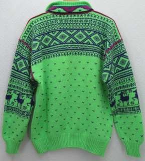 Vtg OBERMEYER Reindeer Ski Sweater, Neon Green, mens sz M  