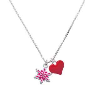 Hot Pink Snowflake with Rose Swarovski Crystal and Red Heart Charm 