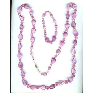  Pink & Cranberry Opalescent Beaded Glass Necklace 