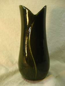 Vintage Floraline Pottery Vase   Dark Avocado Green 588  