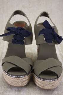 NIB Tory Burch Olive Canvas Lace up Espadrille Wedge platform Sandals 