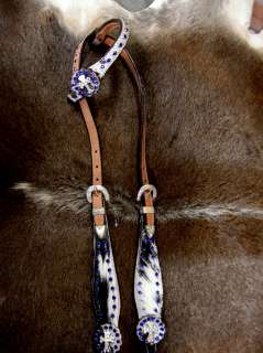 HORSE BRIDLE WESTERN LEATHER HEADSTALL TACK BLUE BLING HAIR ON CROSS 