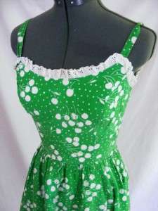 Vintage 70s does 50s Green White Cherries & Polka Dot Sun Dress 32 
