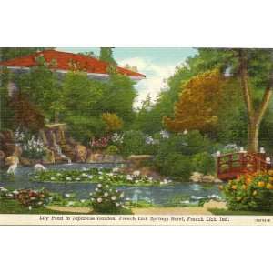 1930s Vintage Postcard Lily Pond in Japanese Garden   French Lick 