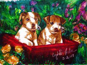Original 2 Cute Puppies in Flowers Watercolor Painting  