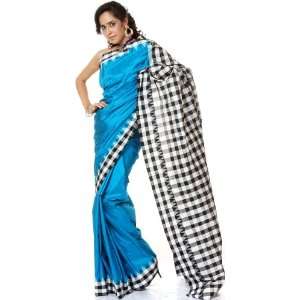    Blue Kanjivaram Sari with Checks on Border and Anchal   Pure Silk
