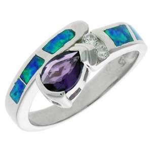Sterling Silver, Synthetic Opal Inlay Ring, w/ Pear shaped Amethyst CZ 