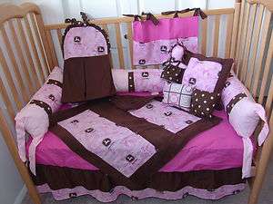Pink Brown Dot John deere Baby bedding set/ free personalized pillow 