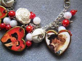 Retro Valentines Day Victorian Lovers Heart Charm Bracelet Handmade 