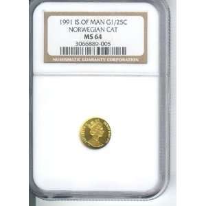   OF MAN GOLD NORWEGIAN CAT COIN 1/25 OZ. .999 FINE GOLD NGC MS 64