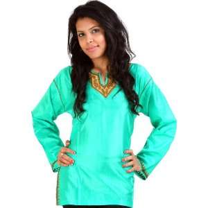  Aqua Green Kurti from Kashmir with Hand Embroidery on Neck 