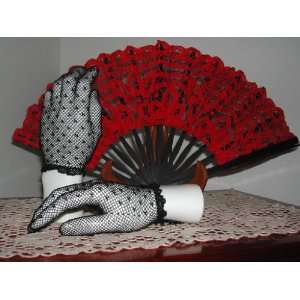  RED and Black Battenberg Lace Fan and Black Gloves 