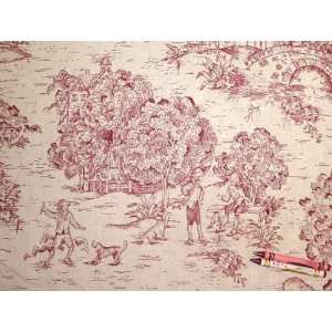   Red On Natural Country Toile Drapery Fabric