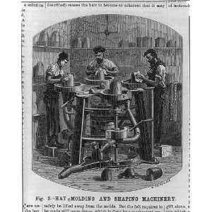  Hat molding,shaping machinery,men working,1876
