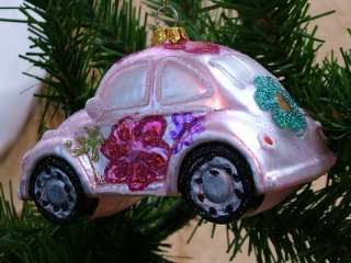 VW Beetle Bug Car Flower Power Glass Christmas Ornament  