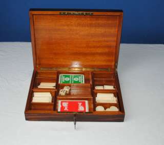 ANTIQUE FRENCH WOOD INLAID GAMES PLAYING CARD BOX BONE CHIPS  