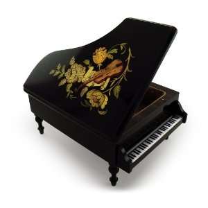 Gorgeous 22 Note Black Lacquer Grand Piano with Violin & Floral Inlay 