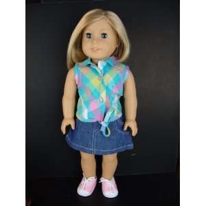 2pc Summer Outfit Blue and Pink Plaid Sleeveless Shirt and Jean Skirt 