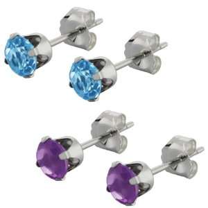 Sterling Silver 4mm Purple Amethyst and Blue Topaz Stud Earrings Set 