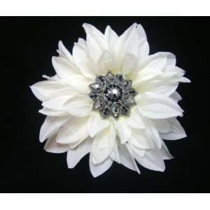   White Dahlia with Crystal Center Hair Flower Clip 