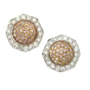   Pink Diamond Circle Stud Earrings with White Diamond Border: Jewelry