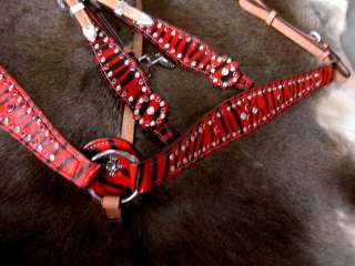 HORSE BRIDLE BREAST COLLAR WESTERN LEATHER HEADSTALL RED ZEBRA BLING 
