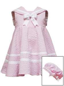   Editions 3pc Pink Seersucker Sailor Dress, Bloomers & Hat Set 3m 6m 9m