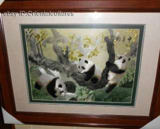 Chinese totally 100% Hand Su silk Embroidery art Pandas  