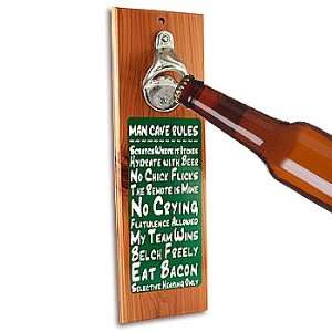 Man Cave Rules Beer Bottle Opener: Varnished Cedar Home Decoration 