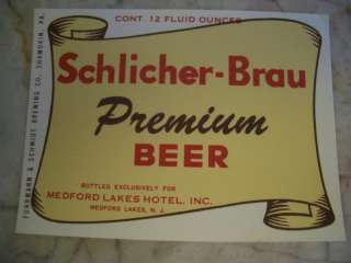 Vint. Schlicher Brau Beer Label Shamokin, PA  