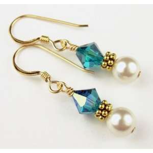 Damali 14K Gold Dangle Earrings December Blue Zircon Pearl Swarovski 