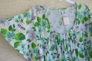NEW FASHION BUG MISSES GREEN PRINT COTTON TUNIC, BANDED HEM, SCOOP 