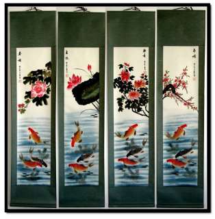ASIAN ART CHINESE SCROLL PAINTING HAPPY COIL FISHES  
