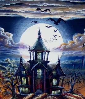 Folk Art Country Halloween PRINT Haunted House Bats Children HA31 