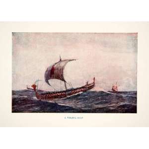  Color Print Viking Ship Ocean Sea Sailboat Norse Scandinavia Armada 