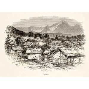 Wood Engraving Alps Villars Switzerland Rhone Mountain Village Chalet 