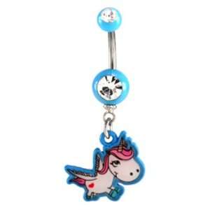  Clear Jeweled Cute Blue Unicorn Design Belly Ring   14g (1 