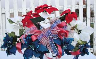 Cemetery Headstone Flowers Red White & Blue Poinsettias Patriotic Bow 