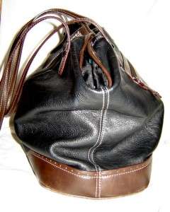   Black/Brown Genuine LEATHER slouch tote bag~bucket purse ~used~  